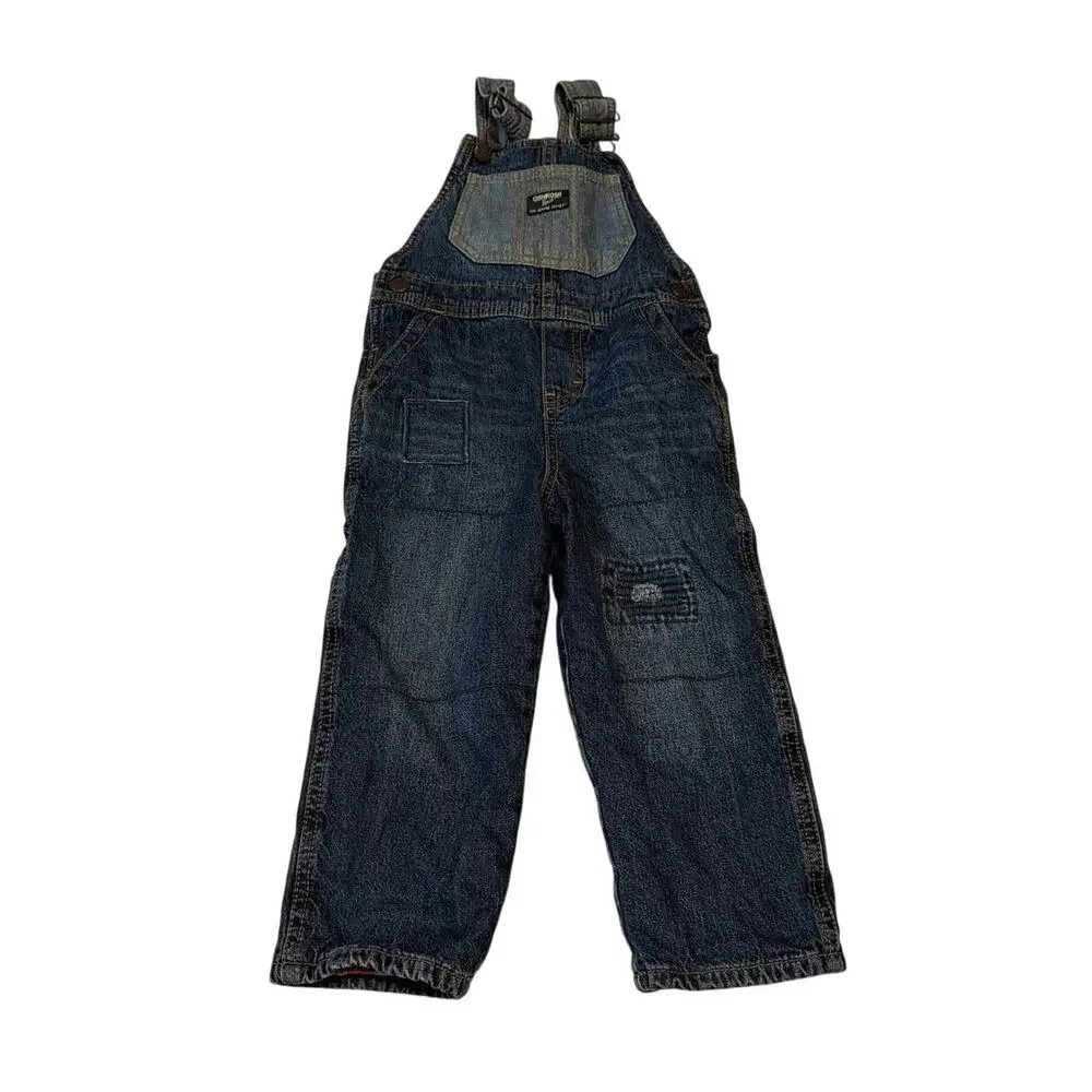 OshKosh B'gosh 3T Patchwork Denim Overalls Flannel Lined EUC